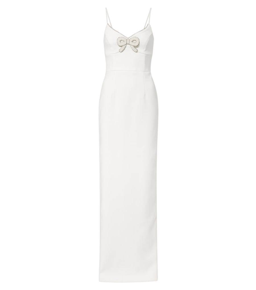 Rebecca Vallance Vestido comprido Dreamer em crepe com aplicações e laço