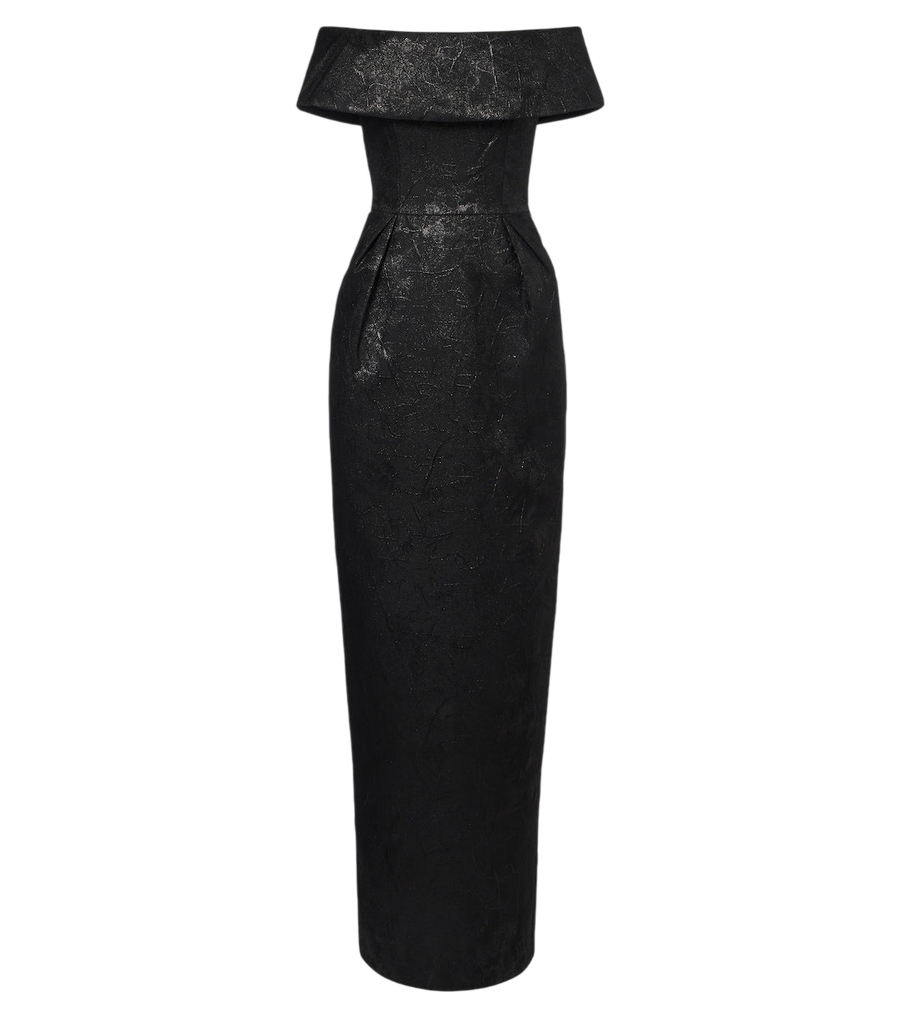 Robe longue à épaules dénudées en lamé Elowen de Rebecca Vallance
