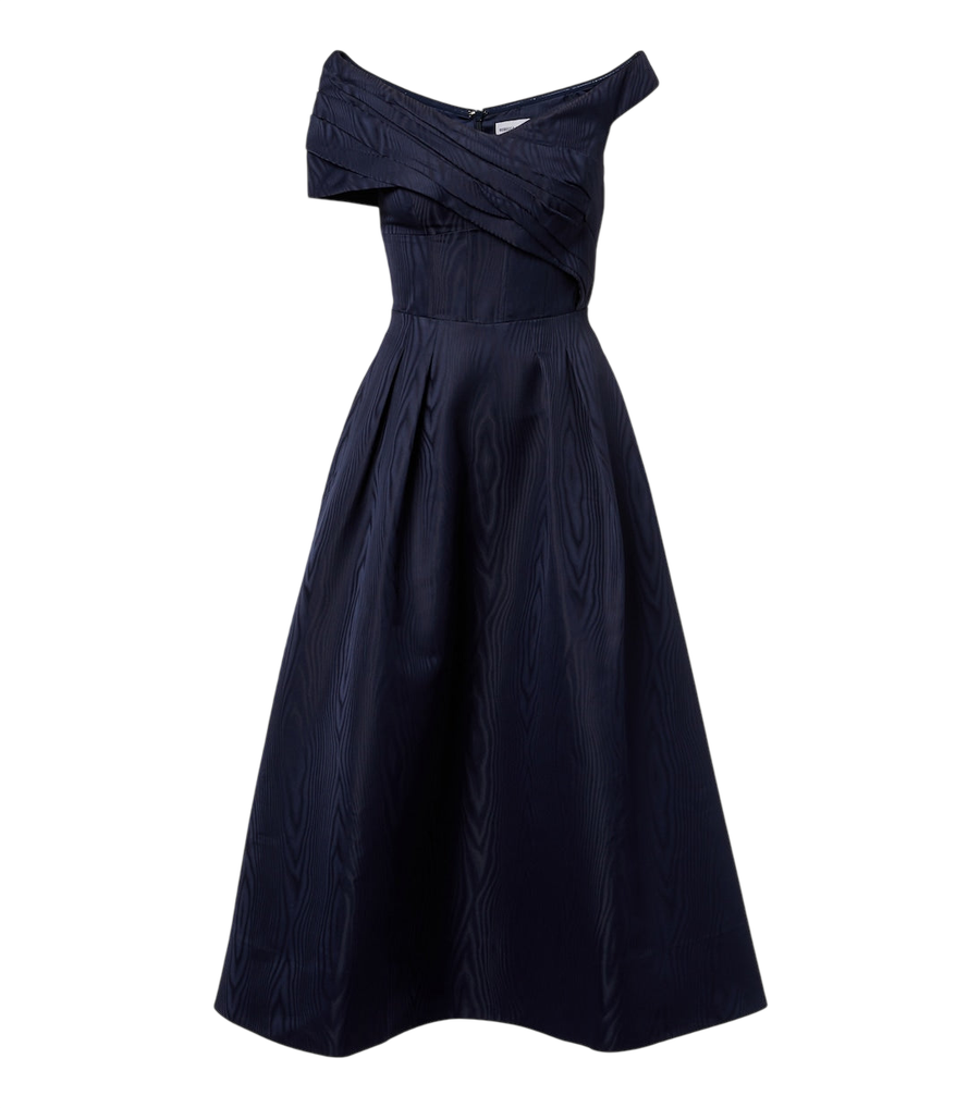 Vestido midi asimétrico con hombros descubiertos Sapphire de Rebecca Vallance