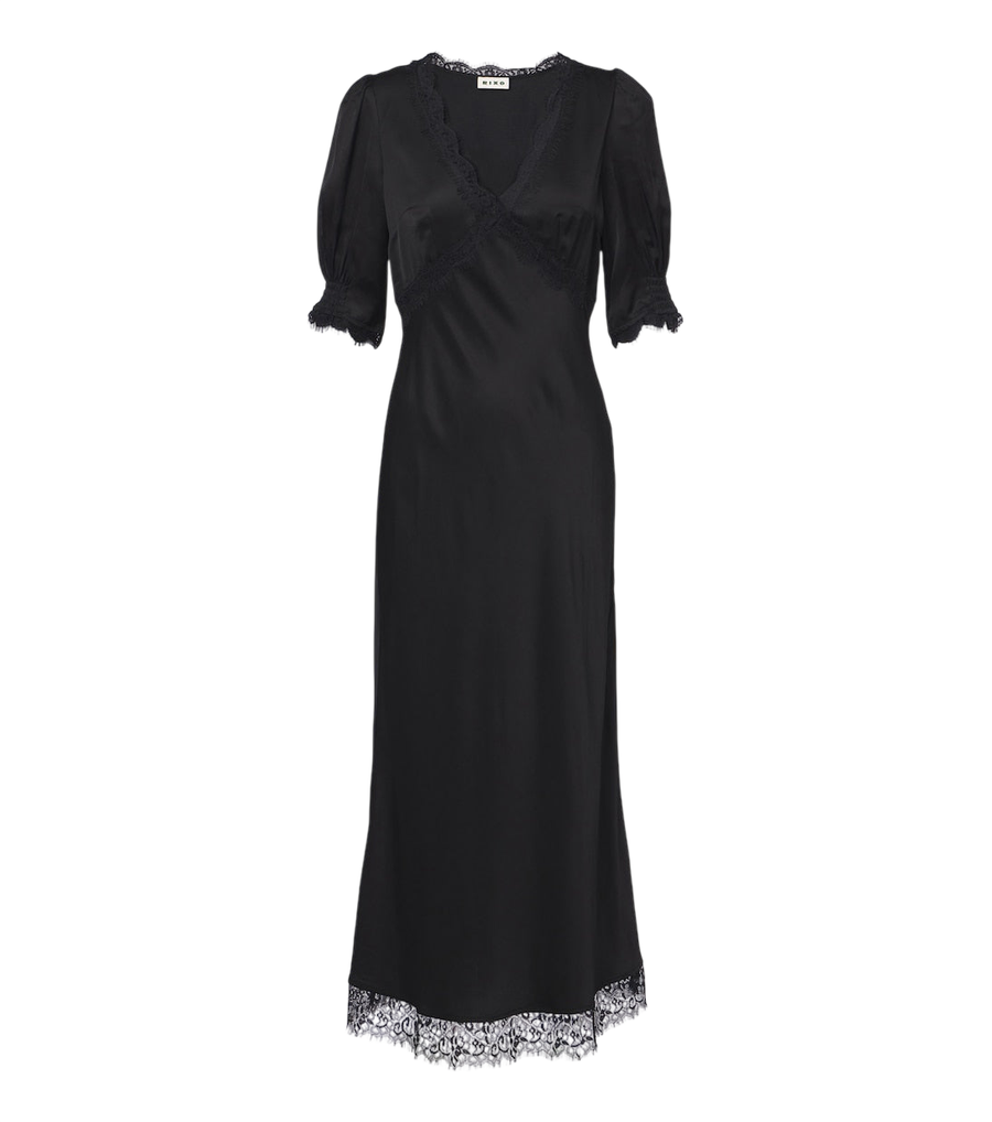 Vestido midi de satén Rixo Annina con ribete de encaje