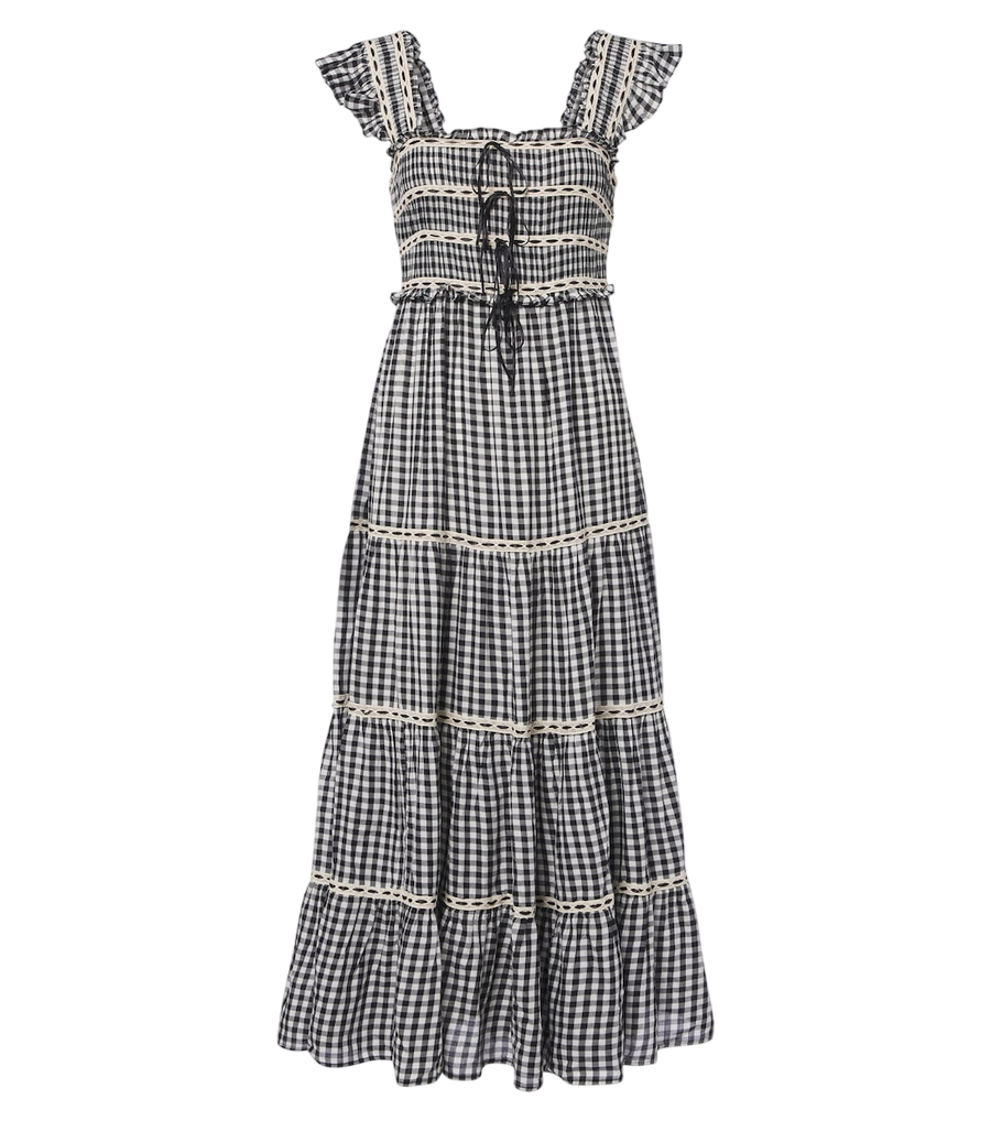 Rixo Chandra checked tiered cotton midi dress