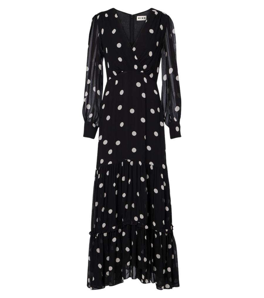 Vestido largo Rixo Elsie de georgette con estampado de lunares