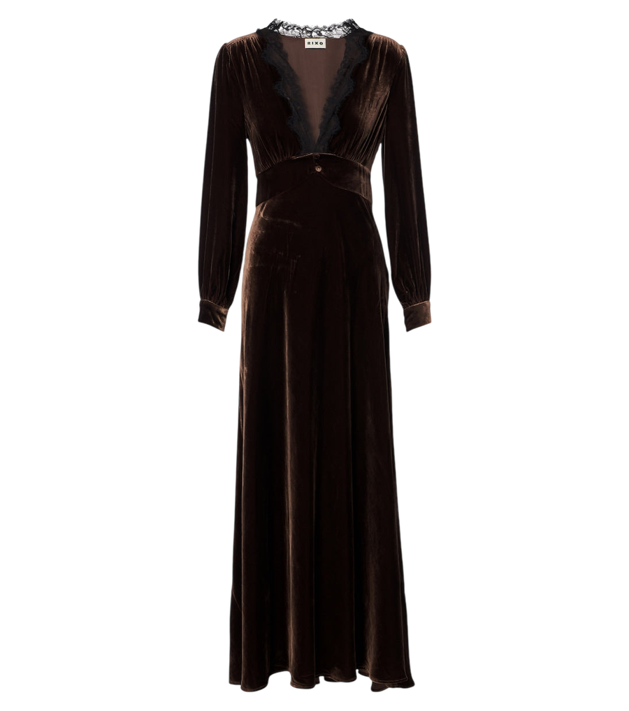 Vestido largo de terciopelo con ribete de encaje Emory de Rixo