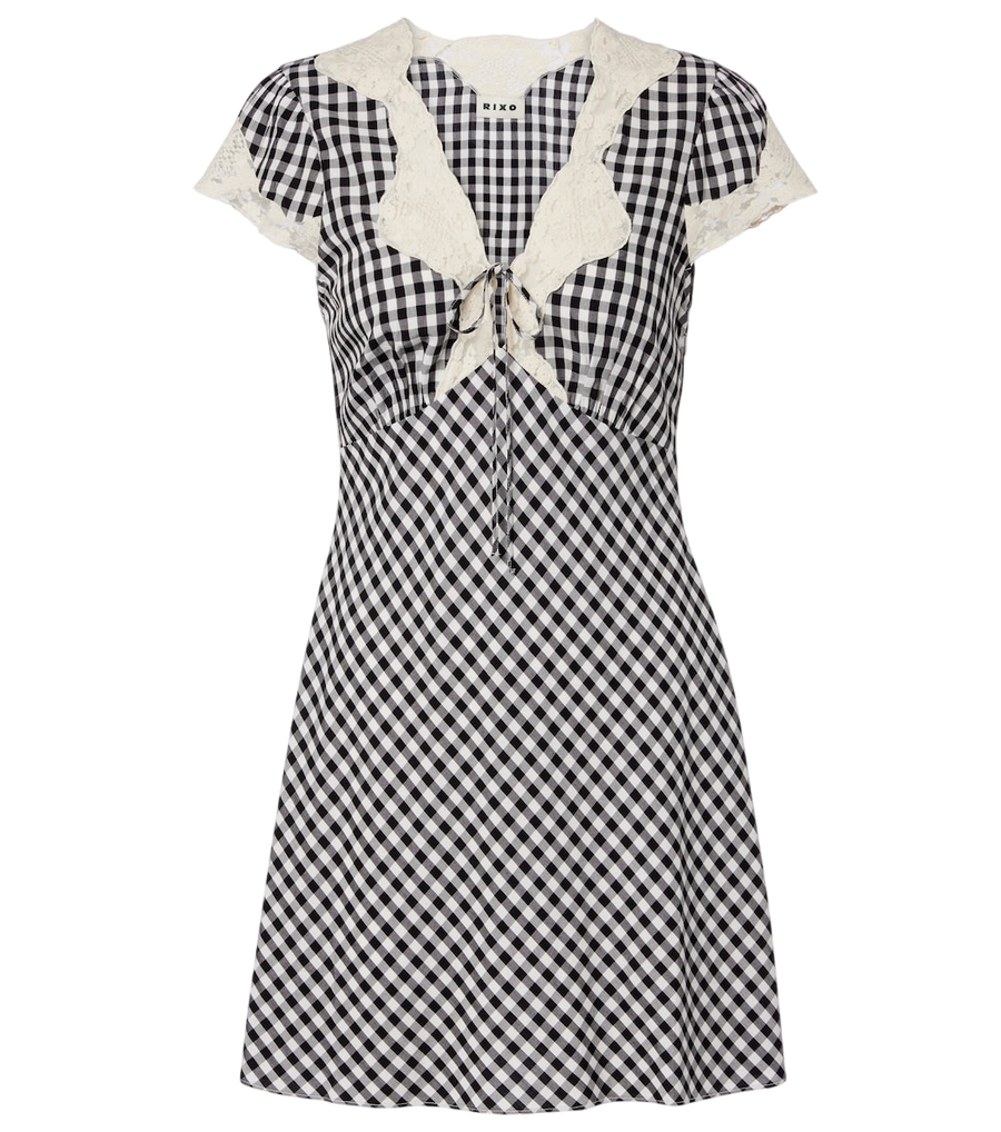 Rixo Lacie lace-trimmed checked crêpe minidress