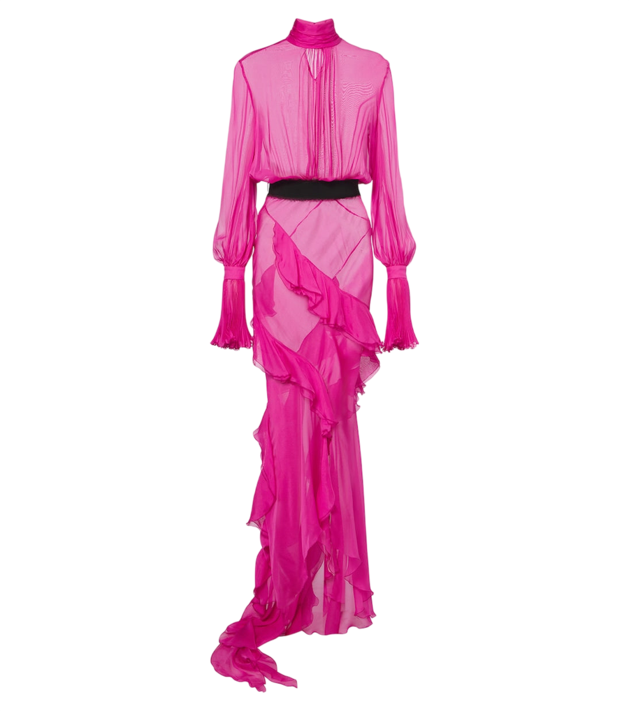 Roberto Cavalli Belted ruffled sheer silk gown