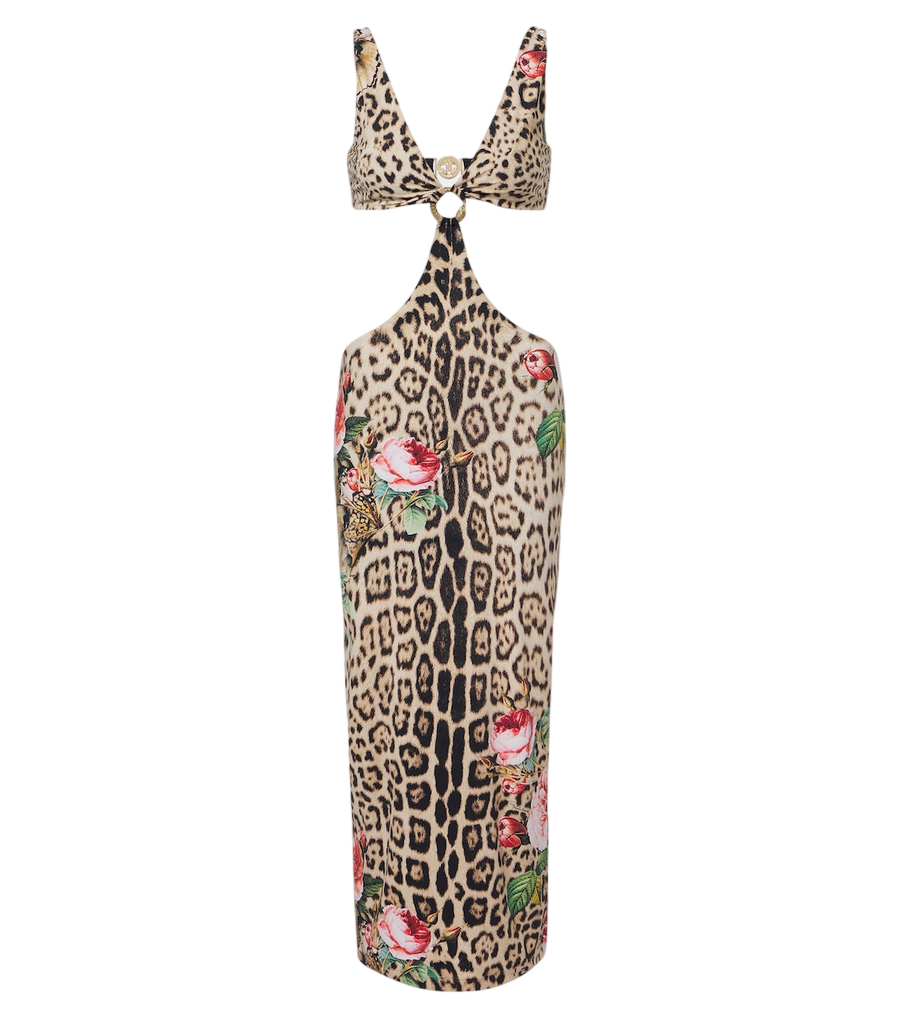 Vestido midi de Roberto Cavalli con estampado de leopardo y aberturas