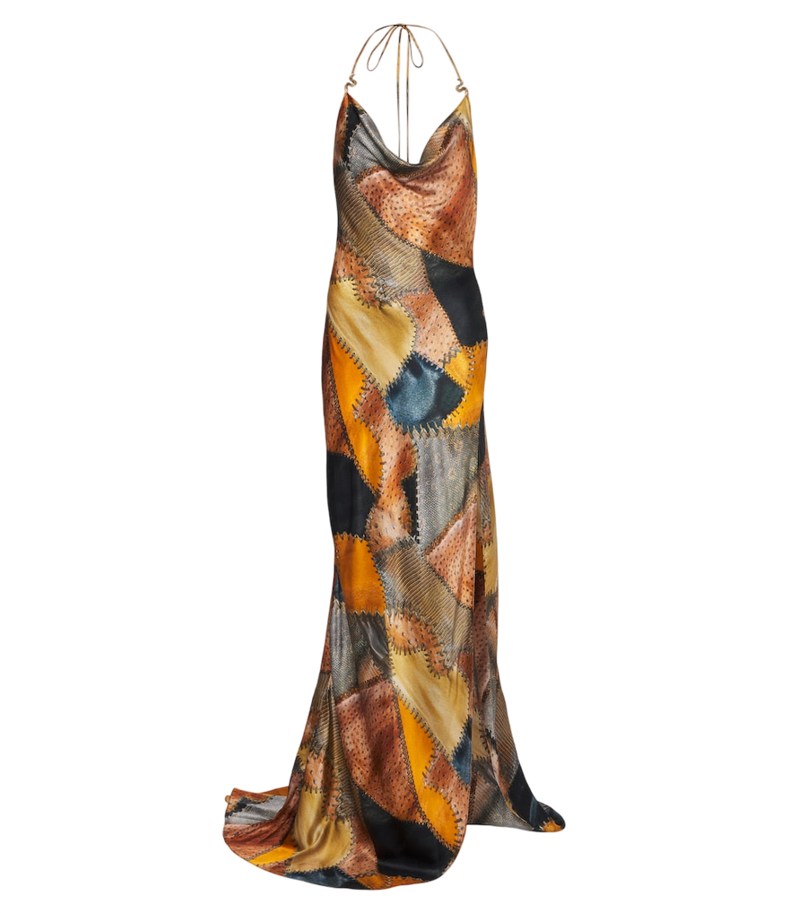Robe longue Roberto Cavalli en satin de soie imprimé à drapés