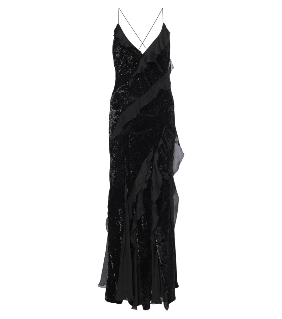 Roberto Cavalli Embellished ruffled velvet gown