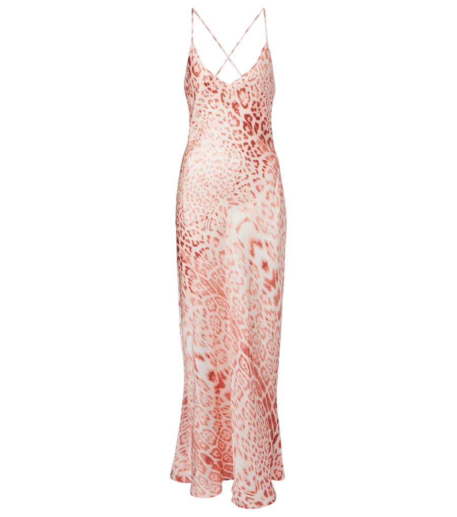 Vestido de satén de seda con estampado de leopardo de Roberto Cavalli