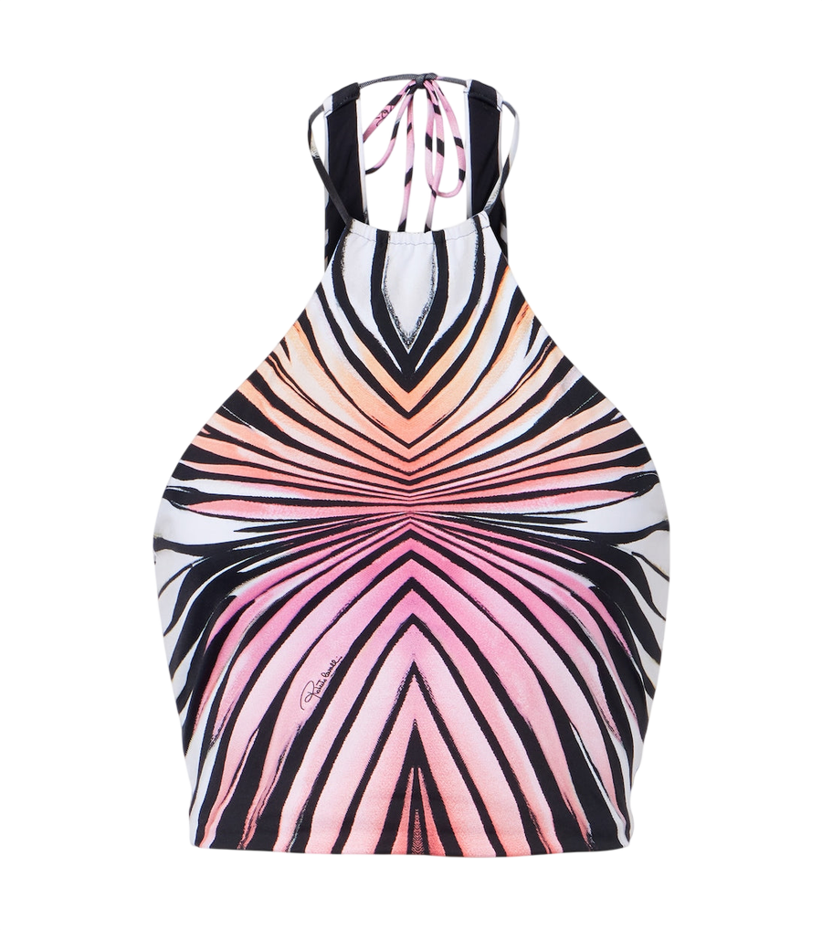 Top corto de malla con cuello halter y estampado de Roberto Cavalli