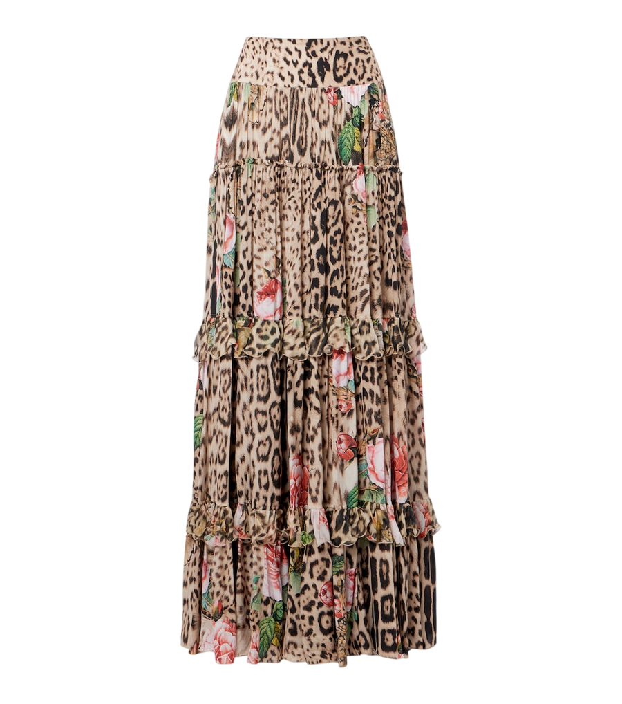 Falda larga con estampado y volantes de Roberto Cavalli