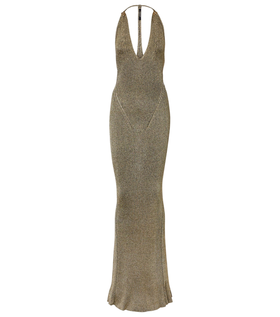 Roberto Cavalli Ribbed-knit lamé maxi dress