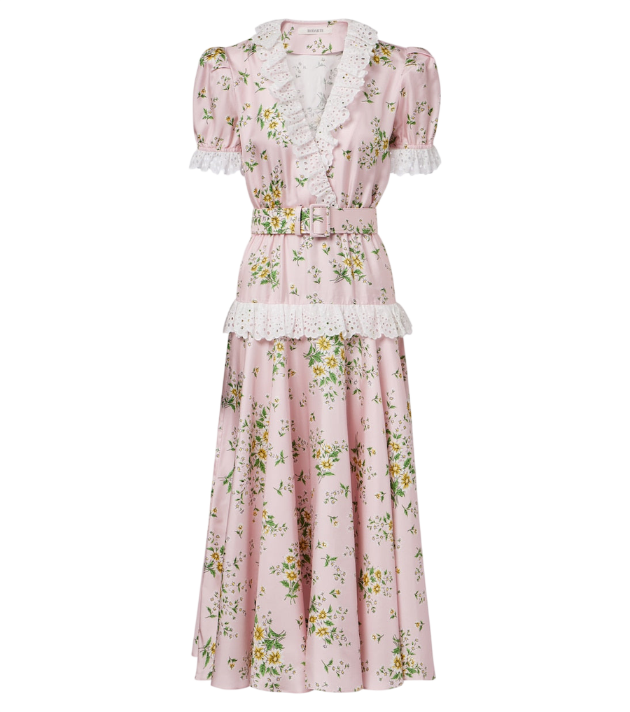 Rodarte Abito midi floreale in twill di seta con cintura