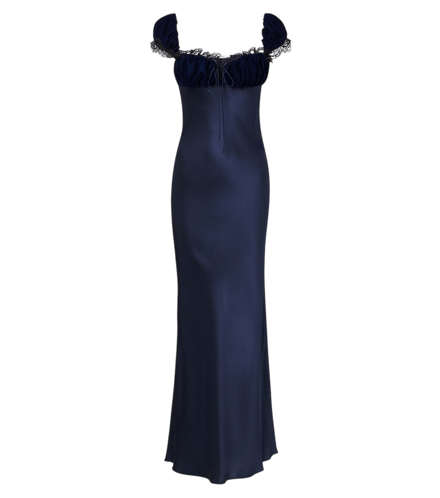 Vestido largo de satén de seda con ribete de encaje de Rodarte