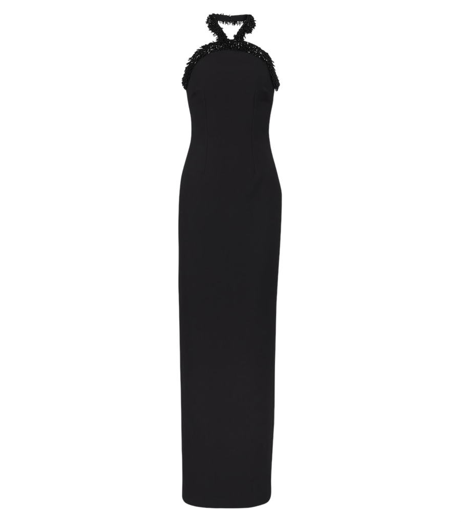 Vestido largo de crepé con cuello halter y adornos de Roland Mouret