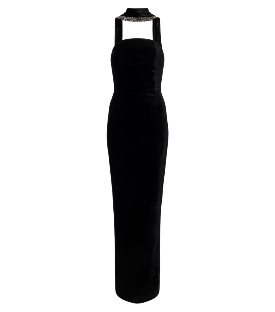 Vestido largo de terciopelo con cuello halter y adornos de Roland Mouret