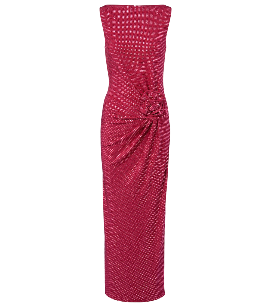Vestido largo fruncido con adornos de flores aplicadas de Roland Mouret