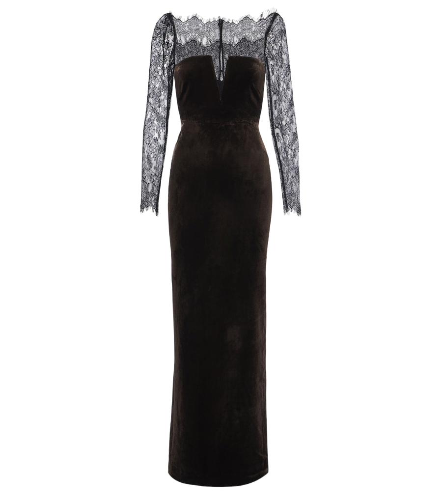 Robe longue en velours à finitions en dentelle Roland Mouret