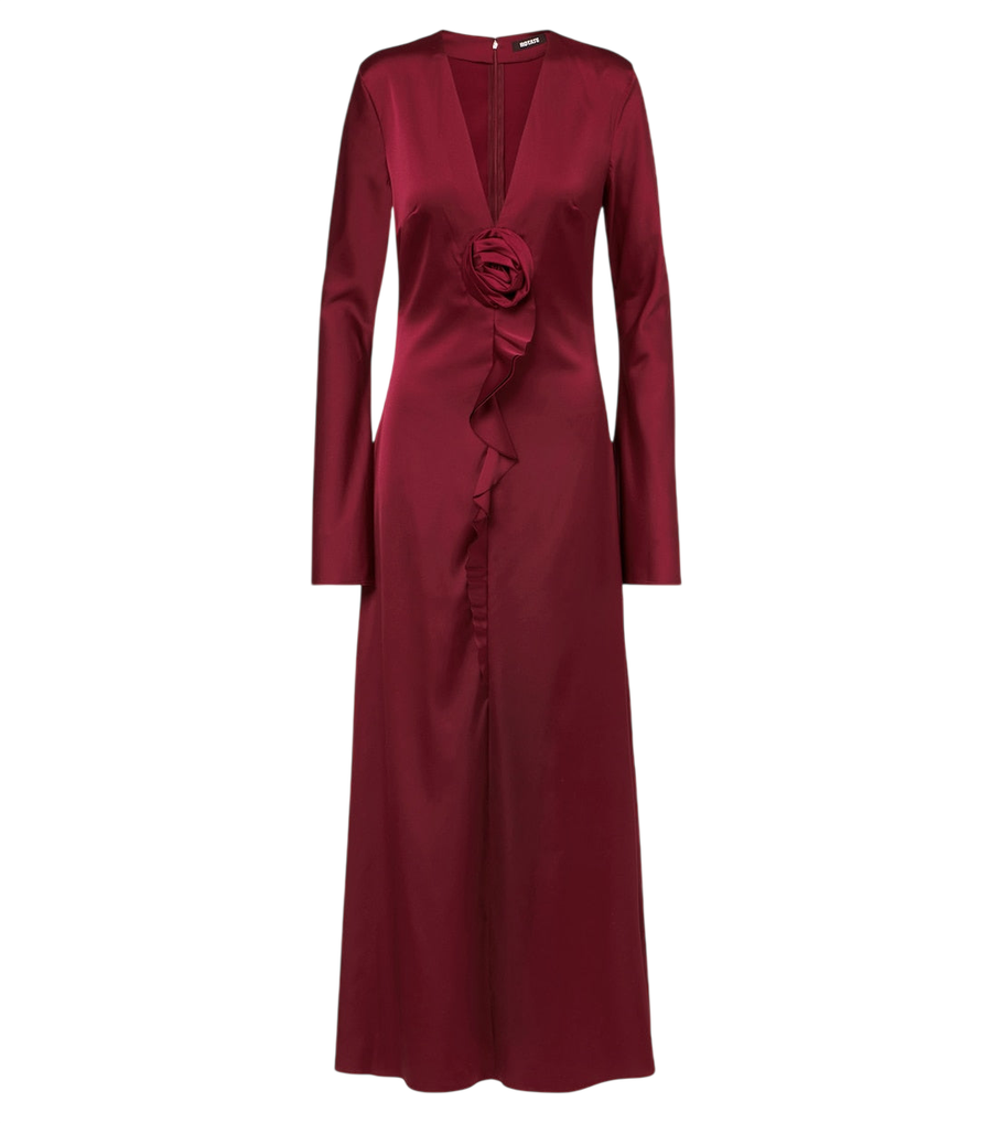 Robe longue en satin à volants et appliques florales Rotate