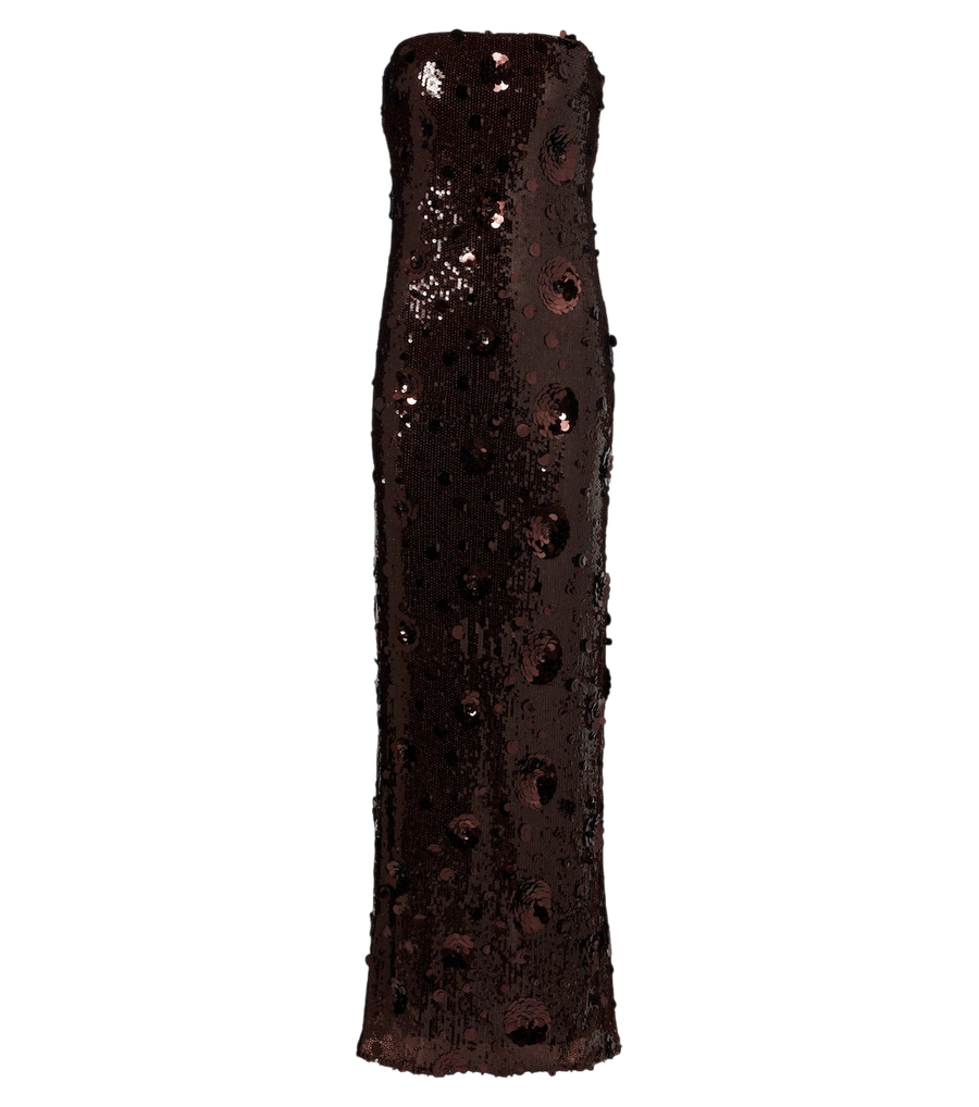 Rotate Floral-appliqué sequined bustier gown
