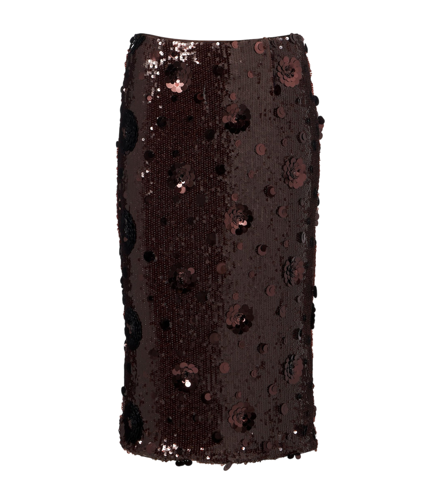 Rotate Floral-appliqué sequined pencil skirt