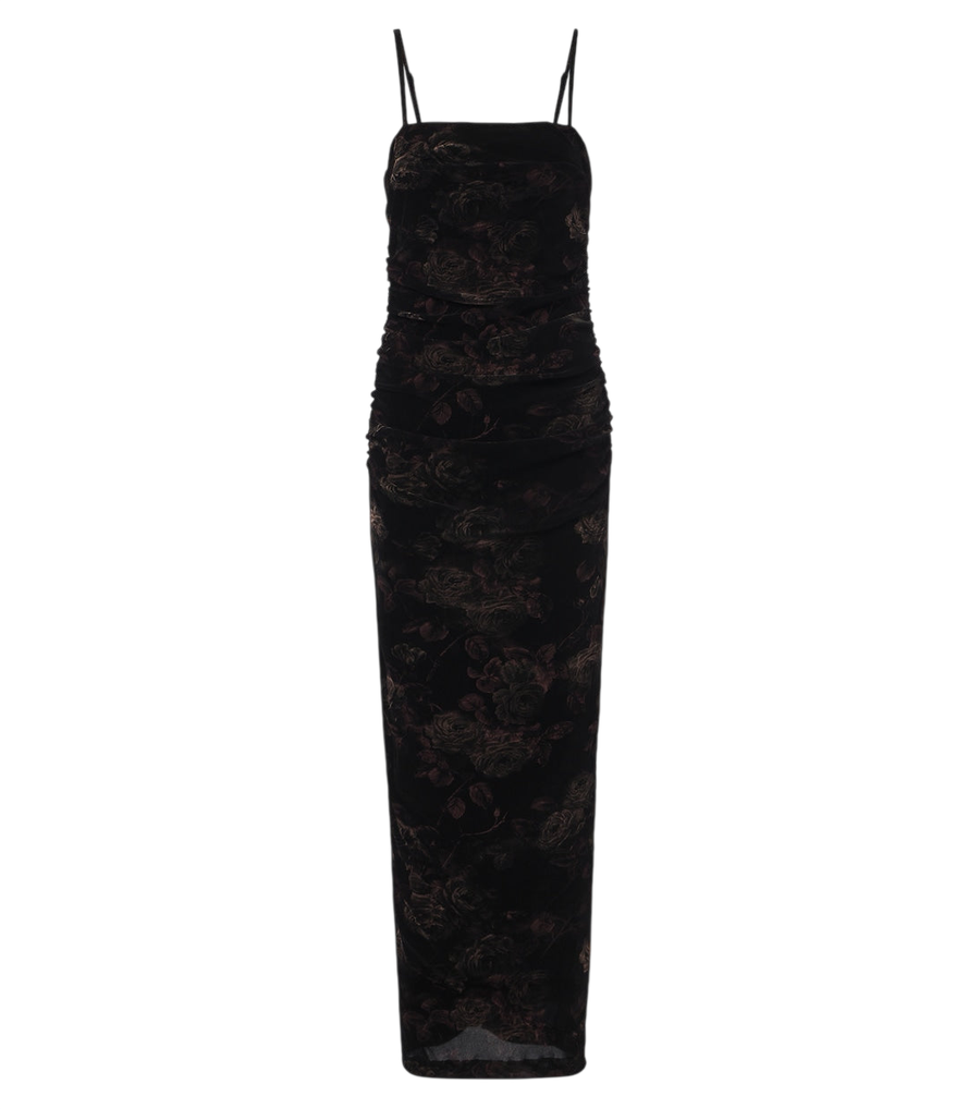Rotate Floral ruched velvet maxi dress