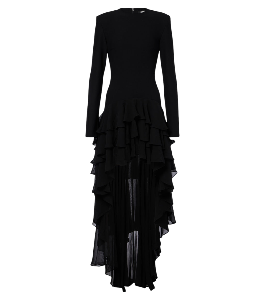 Vestido corto asimétrico de gasa con volantes, Rotate