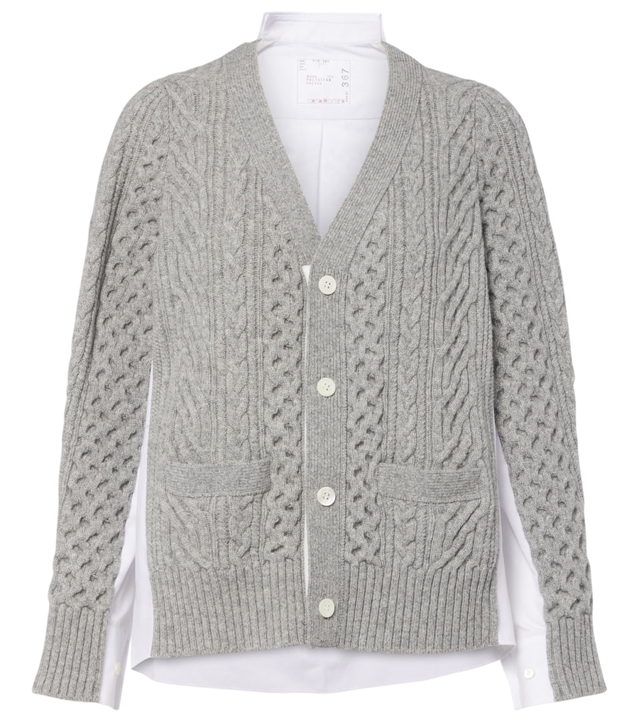 Sacai Cable-knit wool and poplin cardigan