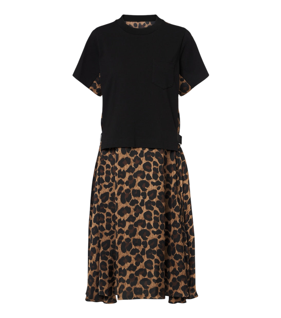 Robe midi en jersey de coton à imprimé léopard Sacai