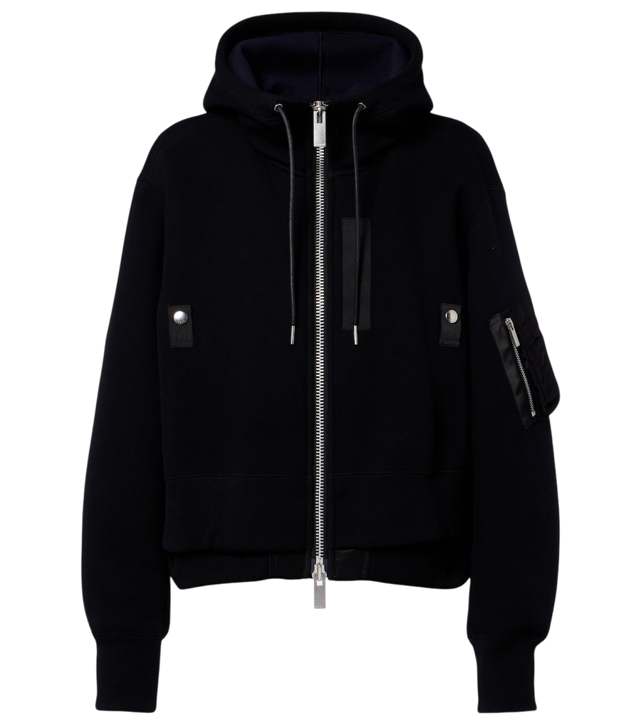Sweat à capuche zippé en mélange de coton à empiècements Sacai