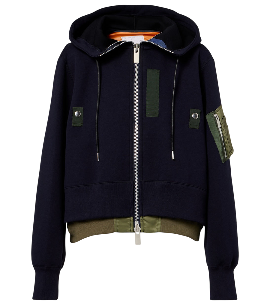 Sudadera con capucha y cremallera en mezcla de algodón con paneles de Sacai