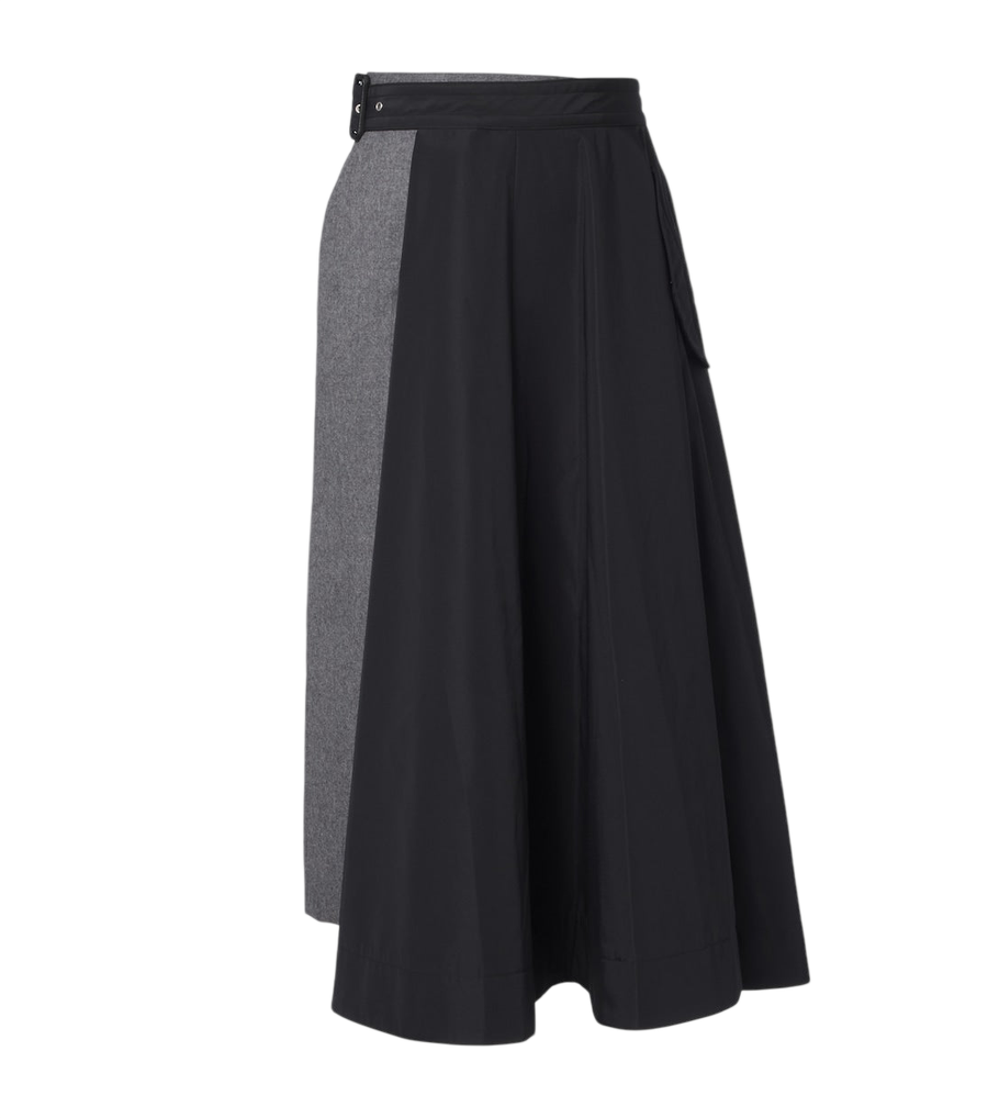 Sacai Paneled taffeta and wool flannel midi skirt
