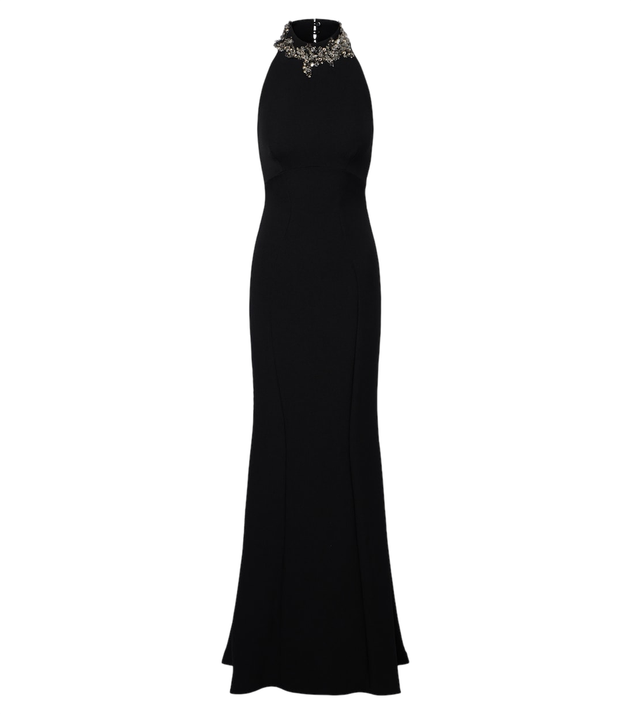 Vestido largo de crepé Safiyaa Lark con cuello halter y adornos
