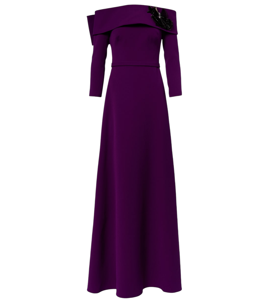 Vestido de crepé de Safiyaa Lunelle con adornos y escote bardot