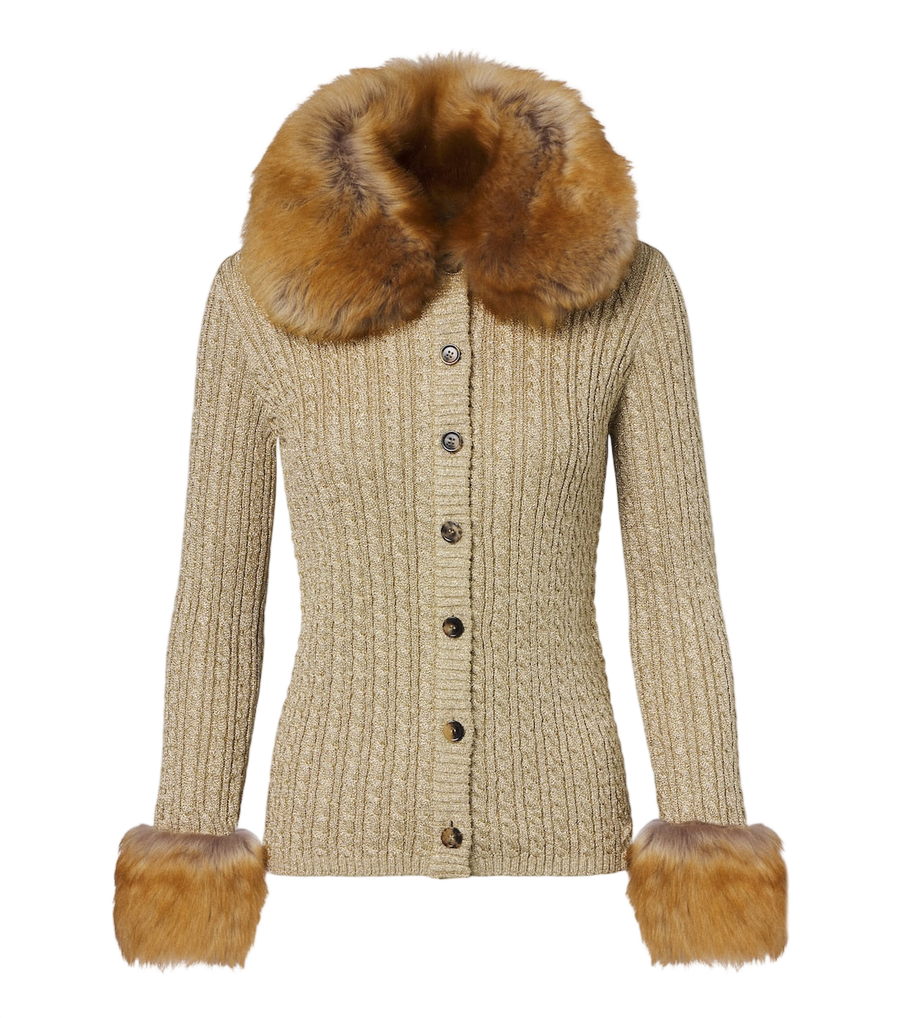 Saint Laurent Cable-knit shearling-trimmed lamé cardigan