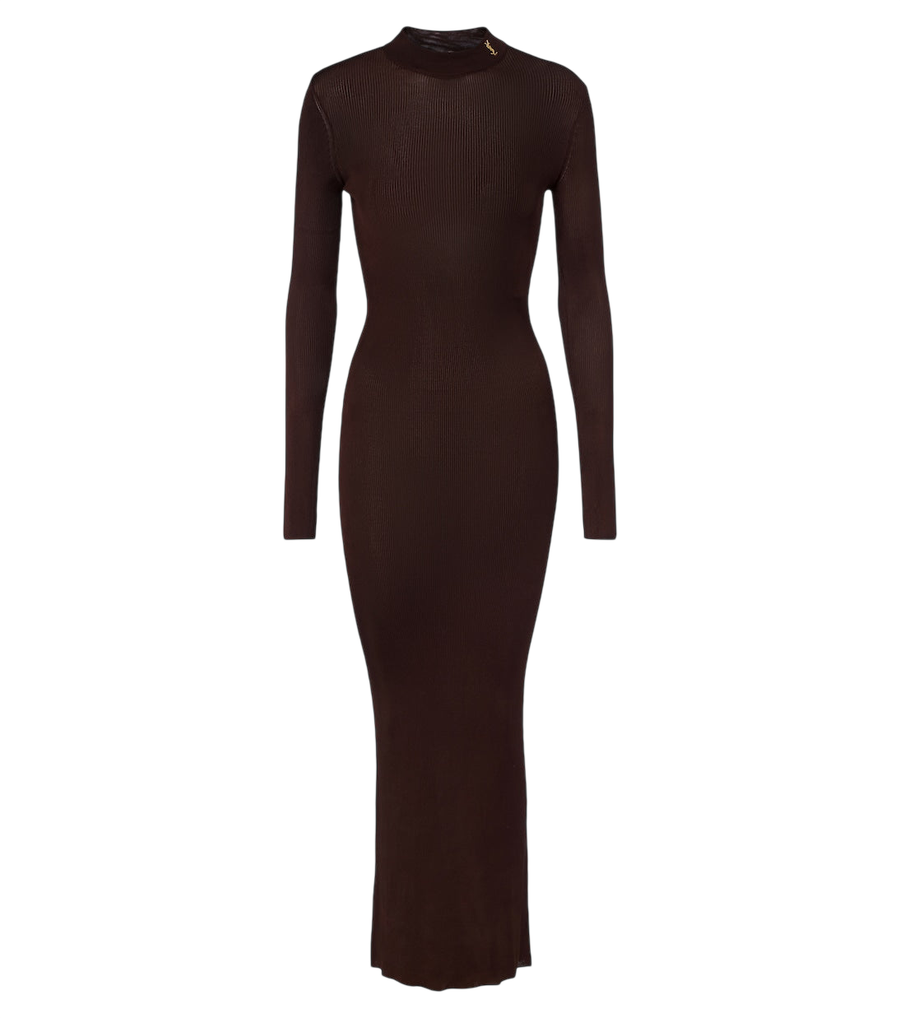 Saint Laurent Cassandre ribbed-knit silk maxi dress