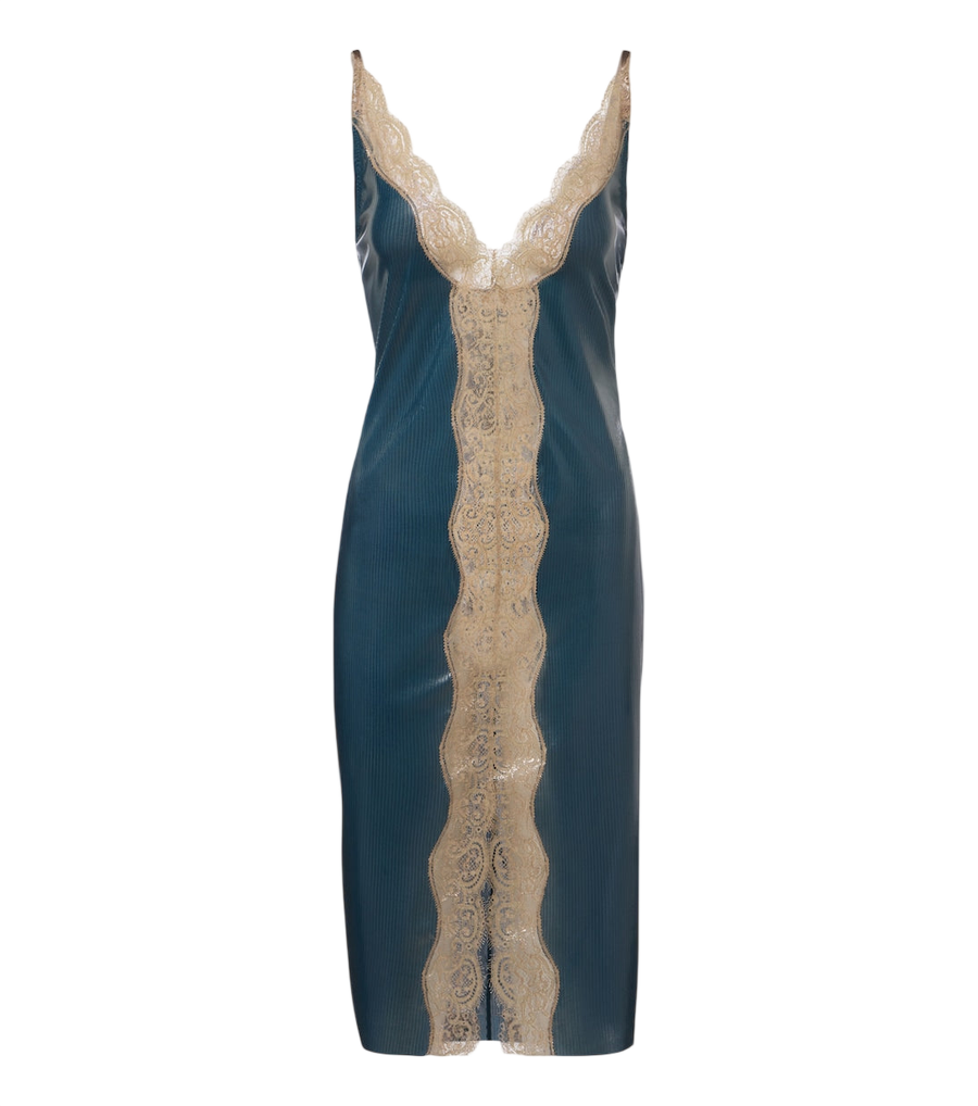Saint Laurent Lace-trimmed coated silk jersey midi dress
