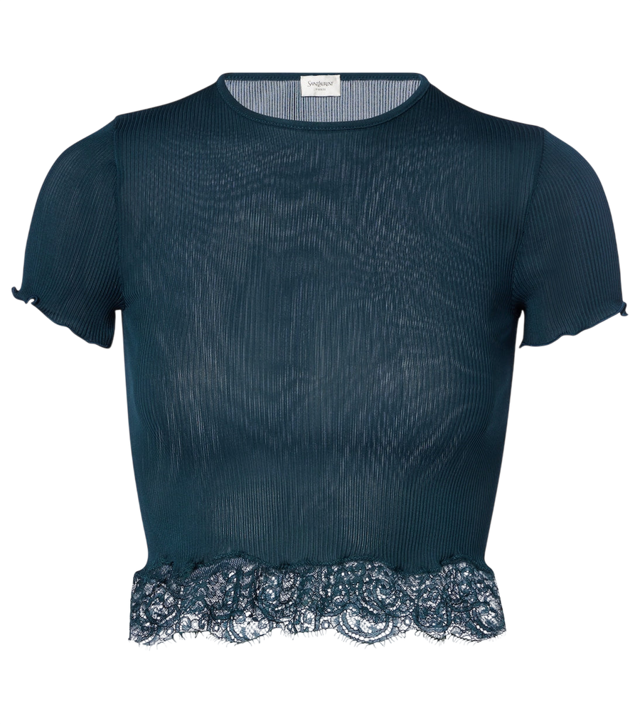 Saint Laurent Lace-trimmed cropped silk T-shirt