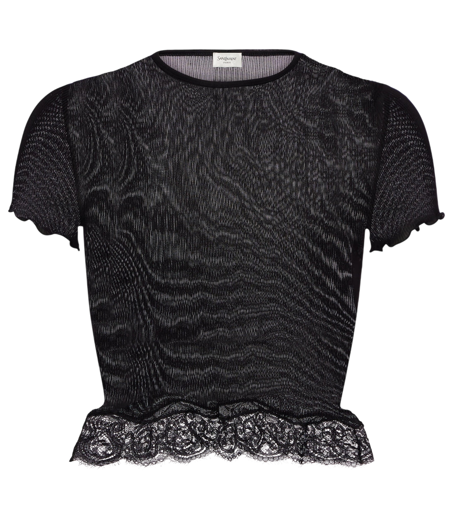 T-shirt court en soie à finitions en dentelle Saint Laurent