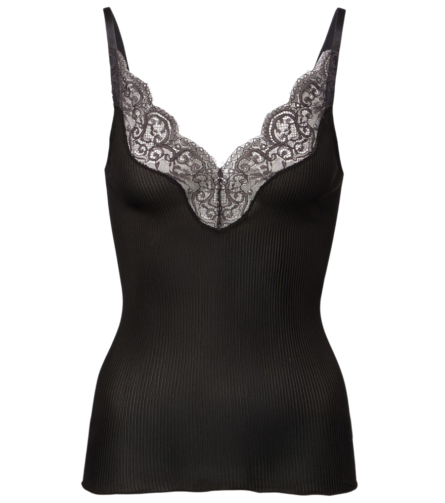 Camisola de punto acanalado de seda con ribete de encaje de Saint Laurent