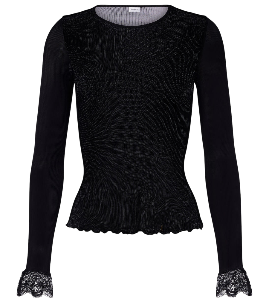 Saint Laurent Lace-trimmed ribbed-knit silk top