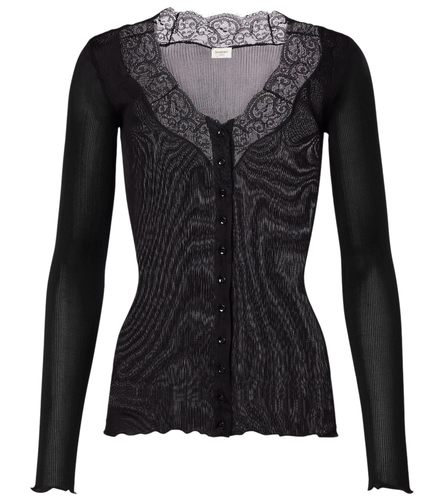 Saint Laurent Lace-trimmed semi-sheer silk top