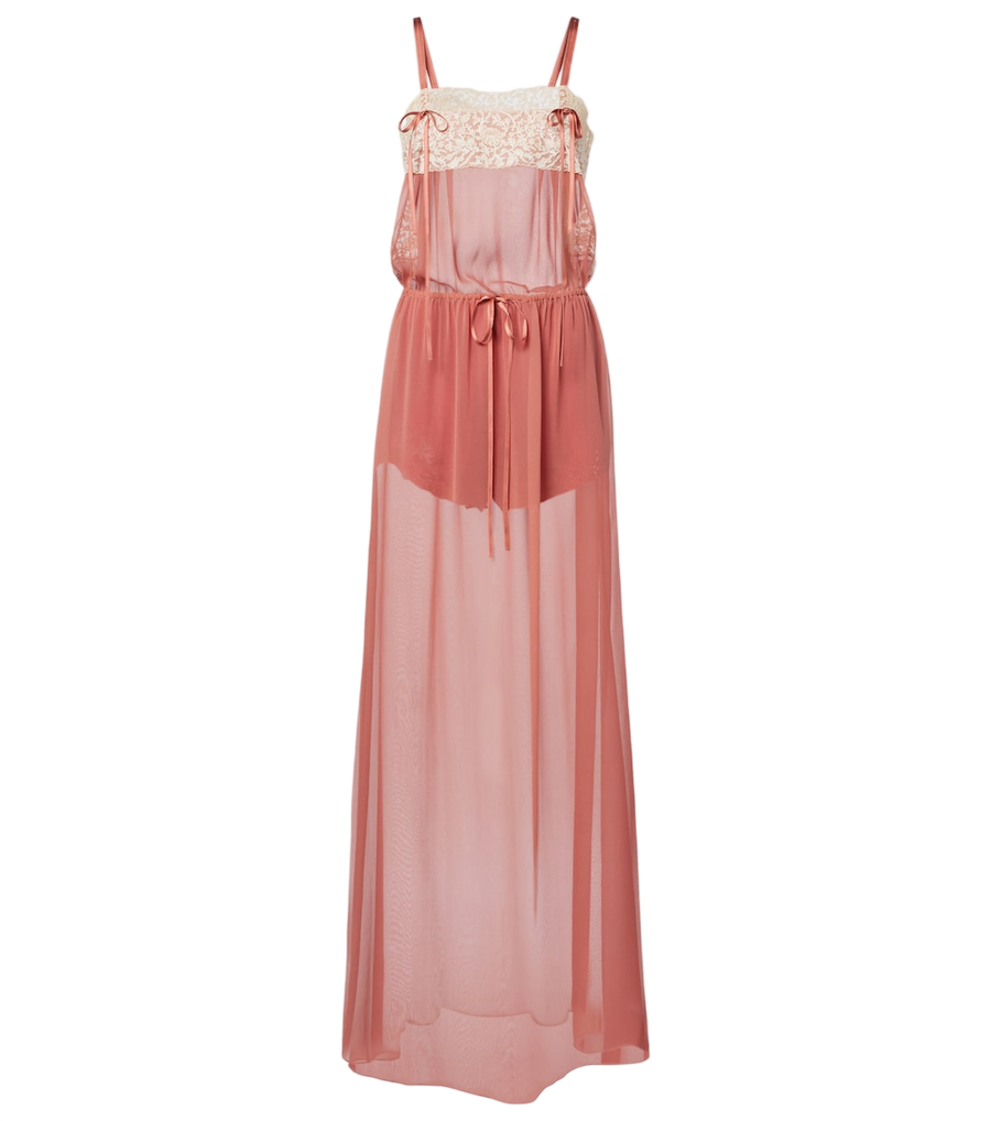 Robe longue en mousseline de crêpe de soie à garniture de dentelle Saint Laurent