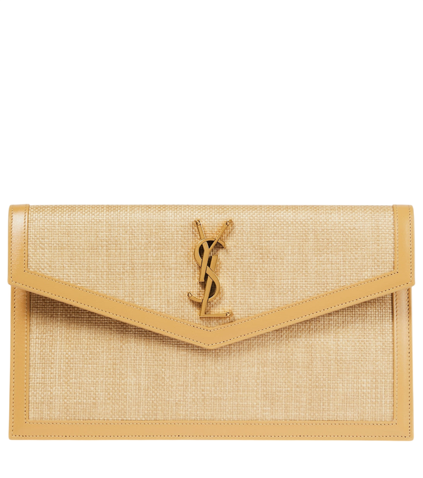 Saint Laurent Clutch Uptown em ráfia com acabamento em couro