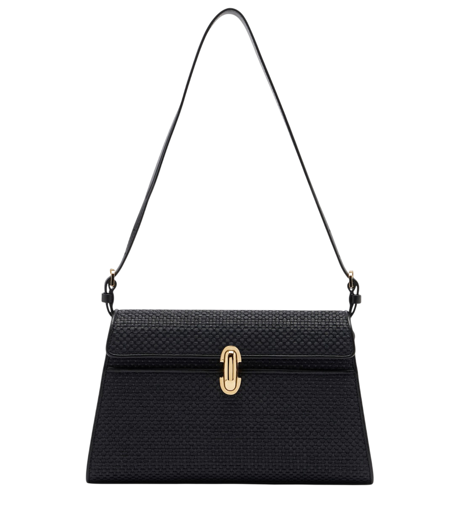 Savette Symmetry leather-trimmed raffia shoulder bag