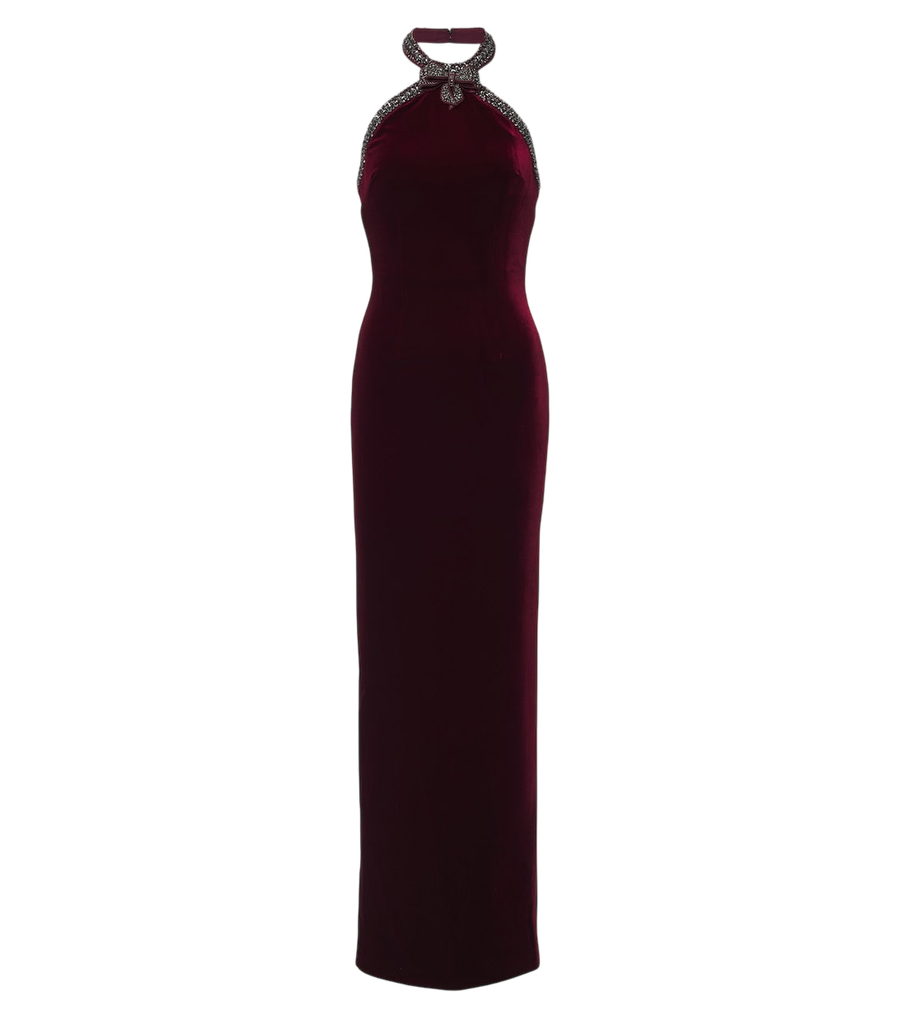 Robe longue en velours à encolure américaine ornée Self-Portrait