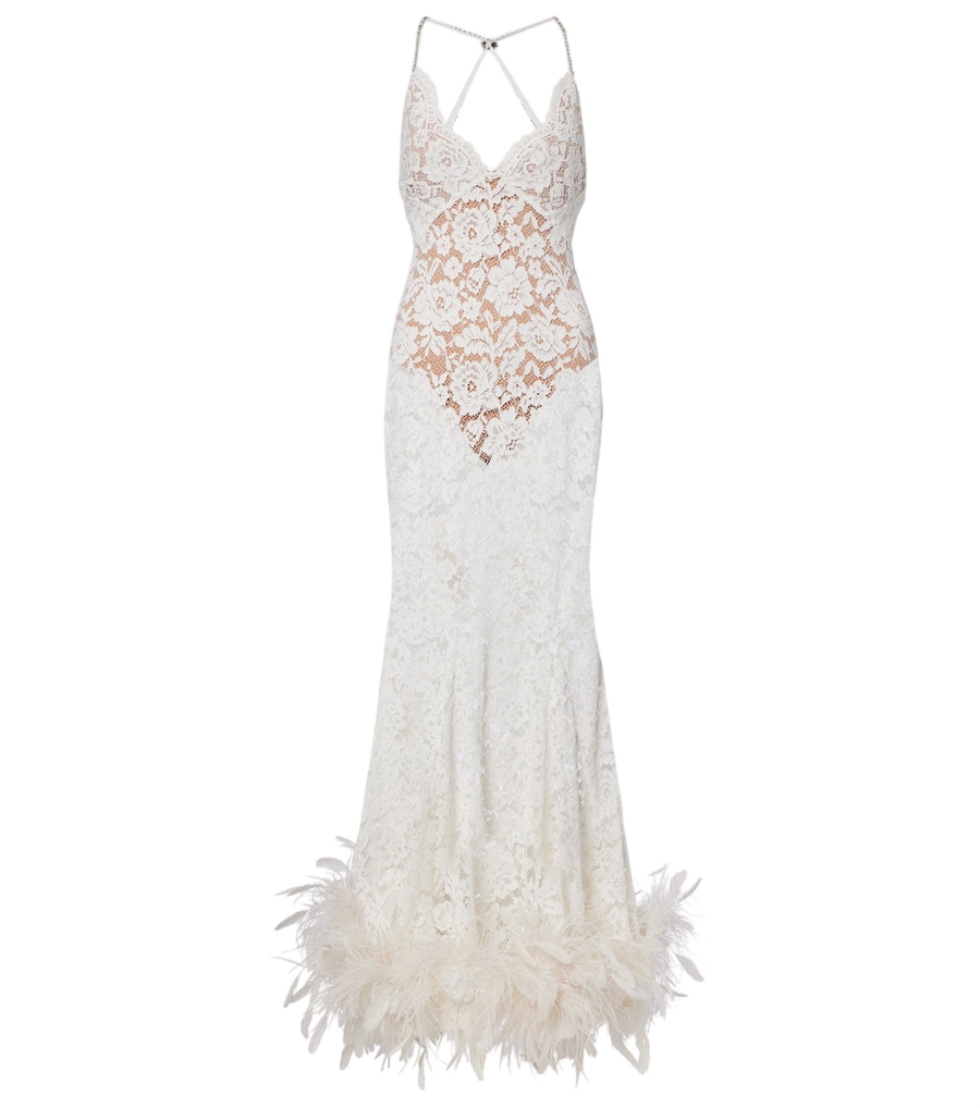 Self-Portrait Open-back sheer feather-trimmed lace gown