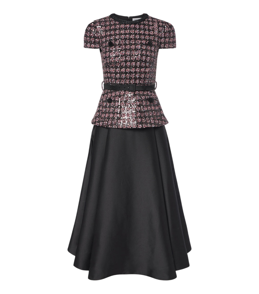 Vestido midi de bouclé con lentejuelas y tafetán de Self-Portrait