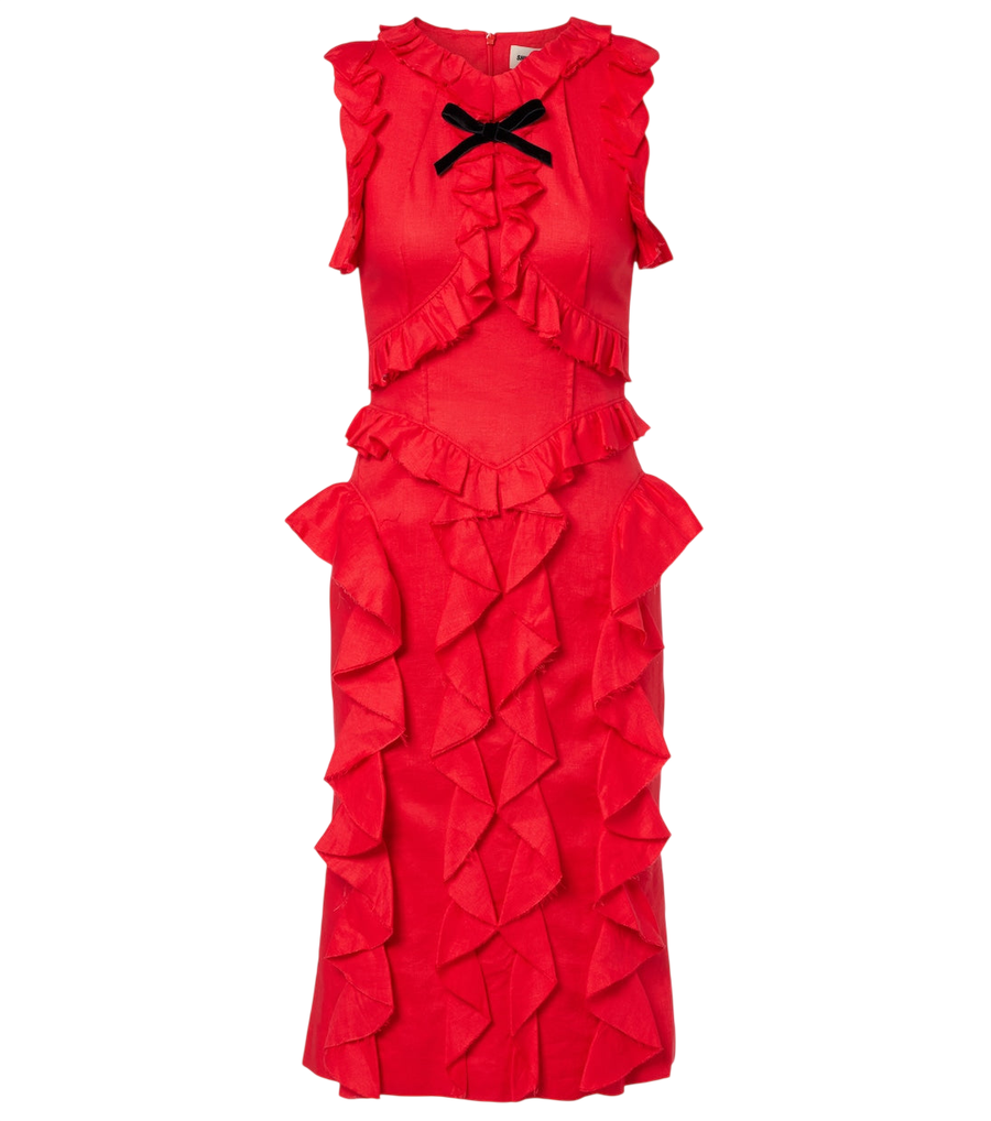 Shushu/Tong Bow-detail ruffled linen midi dress