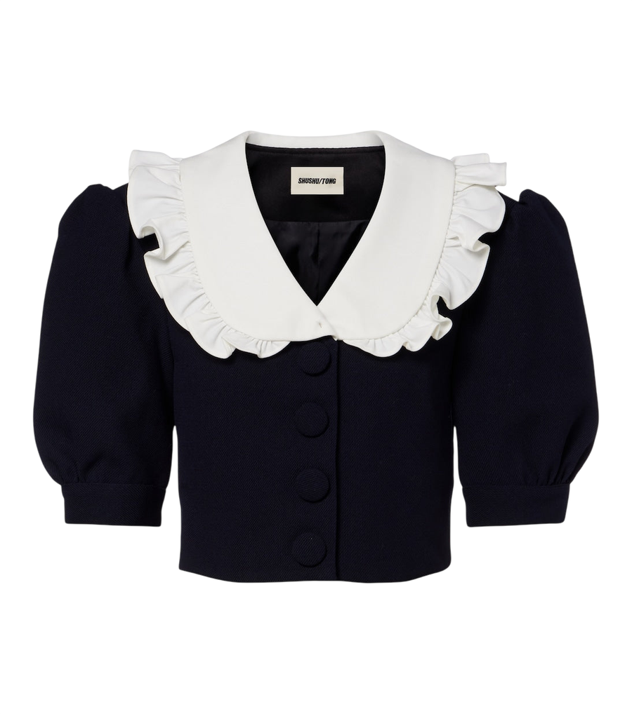 Shushu/Tong Cropped ruffled puff-sleeve wool jacket